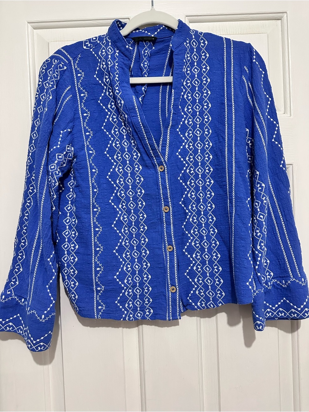 Zara Royal Blue Button-Front Embroidered Shirt